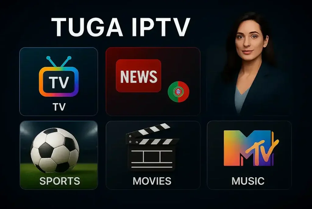 Interface Tuga IPTV com acesso a canais de TV, notícias, desporto, filmes e música em alta qualidade