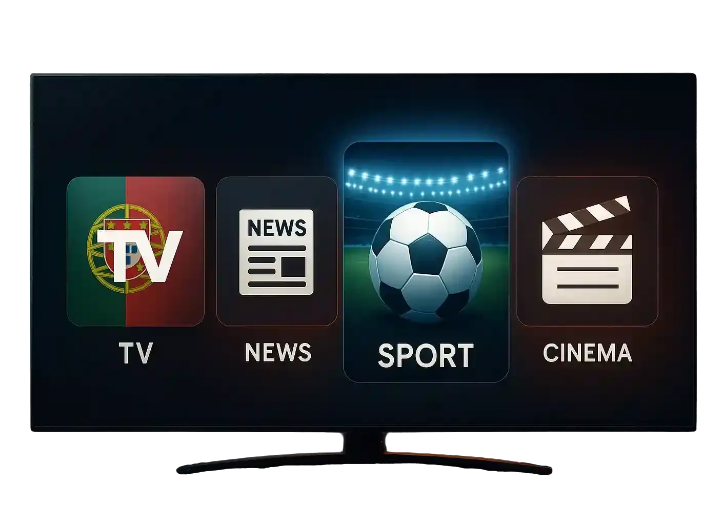 Interface de IPTV Portugal com categorias de canais: TV portuguesa, notícias, desporto e cinema