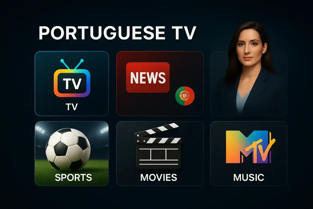 Categorias de canais no IPTV Portugal incluindo TV, notícias, desporto, filmes e música para todos os gostos